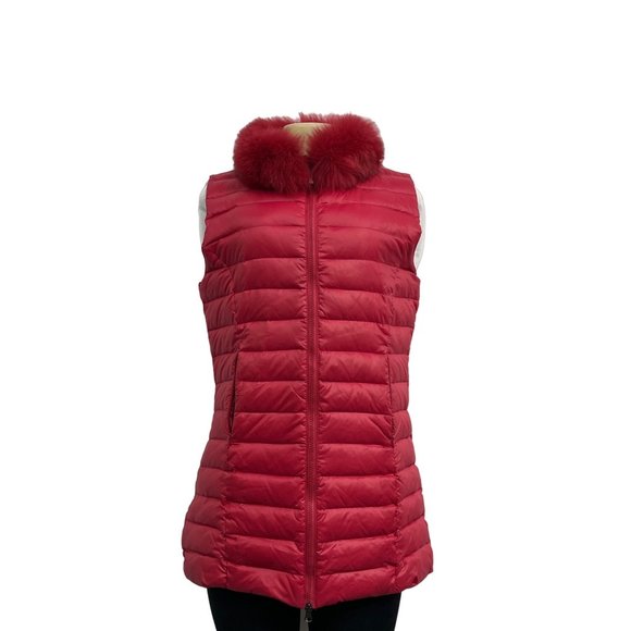 Women's Red Bomber Vest with %100 Red Tinted Fox Trimming XL - Picture 1 of 13